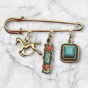 Silver Safety Pin Brooch with Charms